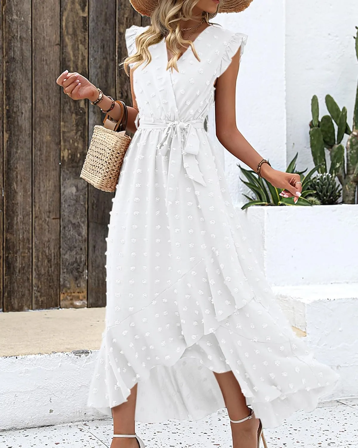 BTFBM Women V Neck Summer Dress 2025 Cap Sleeve Swiss Dot Boho Flowy Ruffle Slit Beach Party Long Maxi Cocktail Dresses
