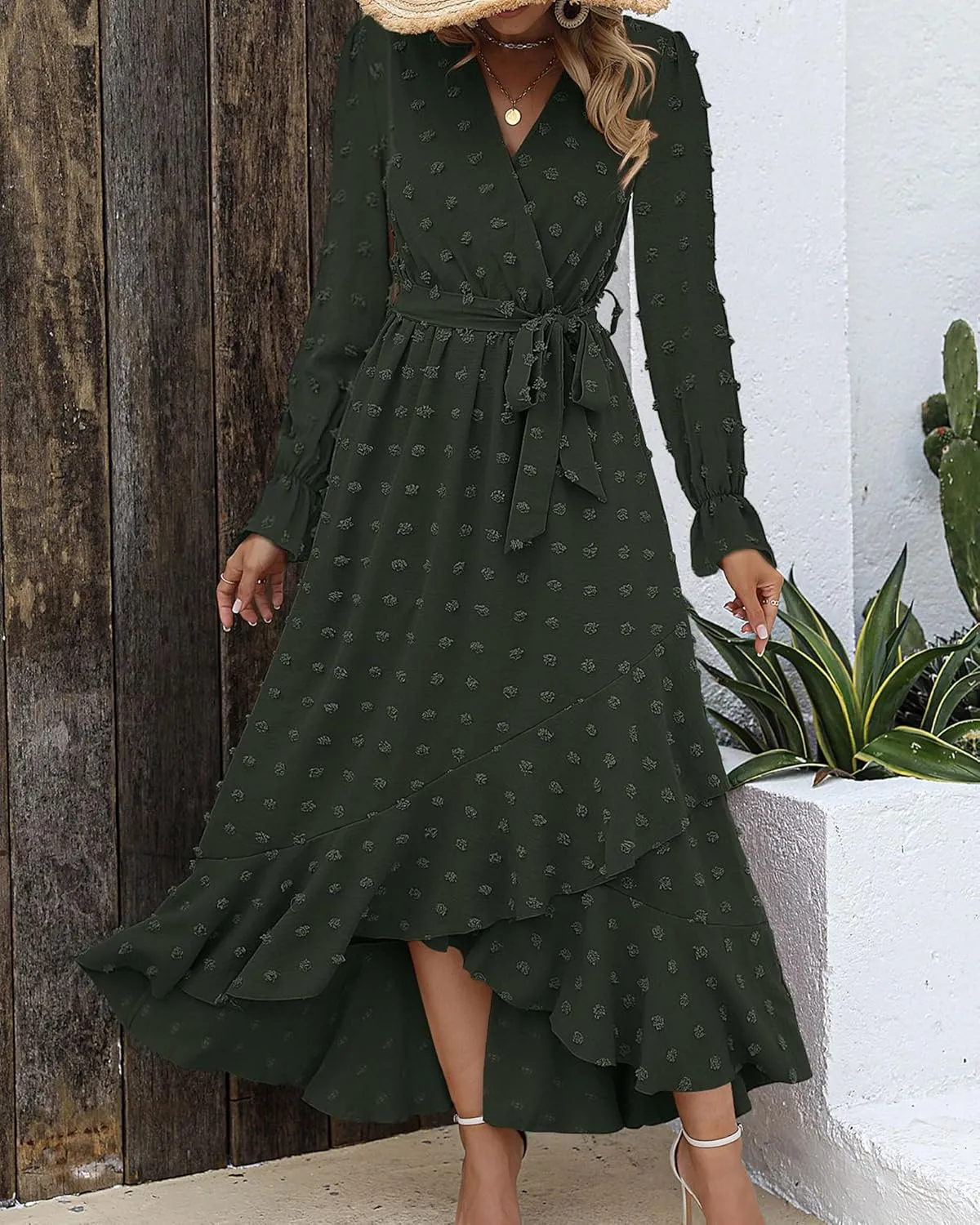 BTFBM Womens Boho Cocktail Maxi Dress Fall Fashion 2025 V Neck Long Sleeve Swiss Dot Flowy Slit Wedding Guest Dresses