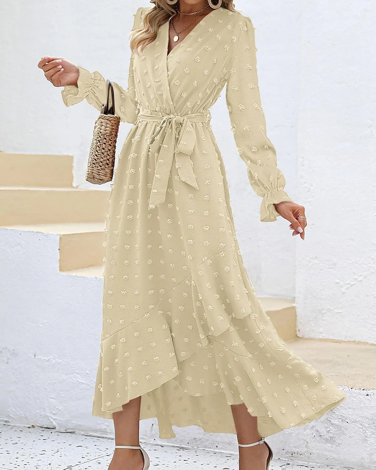 BTFBM Womens Boho Cocktail Maxi Dress Fall Fashion 2025 V Neck Long Sleeve Swiss Dot Flowy Slit Wedding Guest Dresses