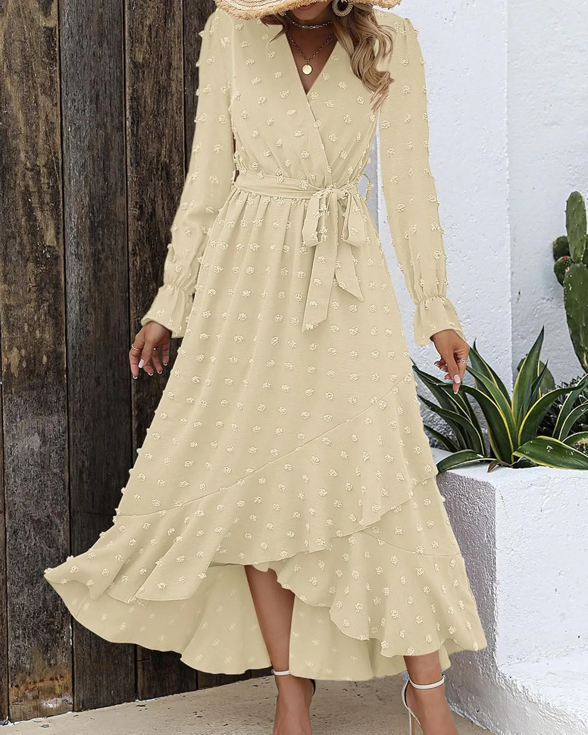 BTFBM Womens Boho Cocktail Maxi Dress Fall Fashion 2025 V Neck Long Sleeve Swiss Dot Flowy Slit Wedding Guest Dresses