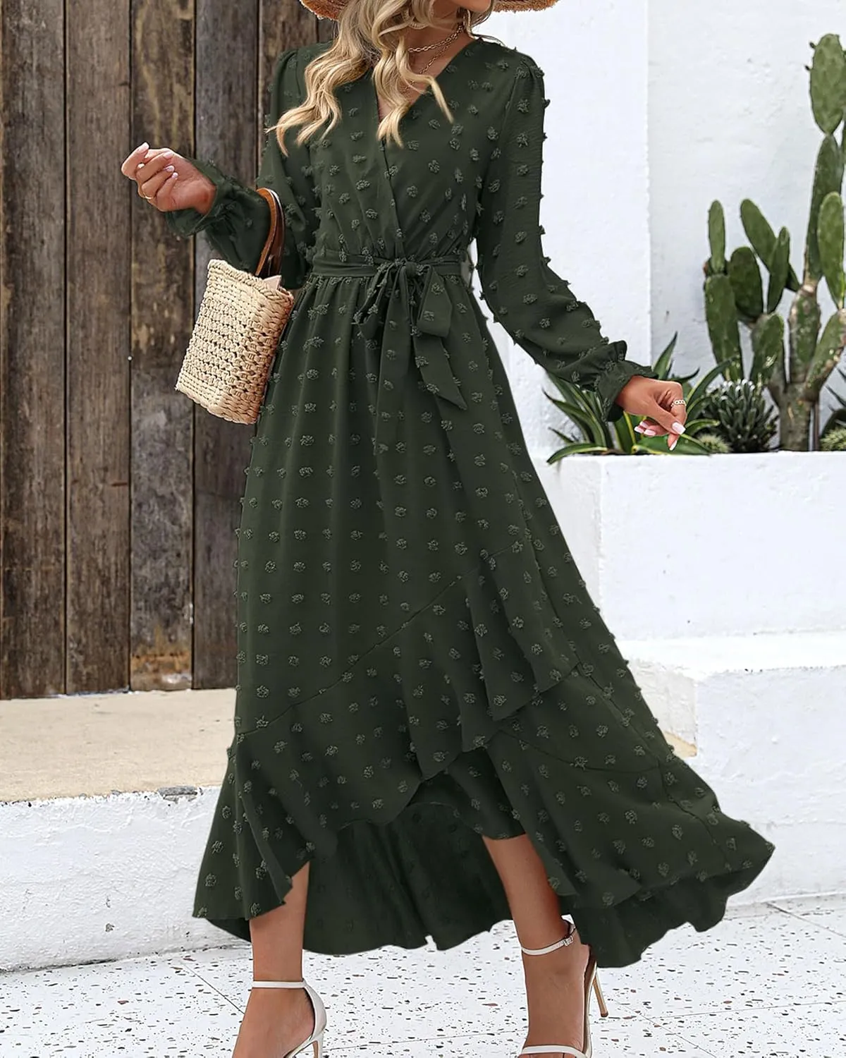 BTFBM Womens Boho Cocktail Maxi Dress Fall Fashion 2025 V Neck Long Sleeve Swiss Dot Flowy Slit Wedding Guest Dresses