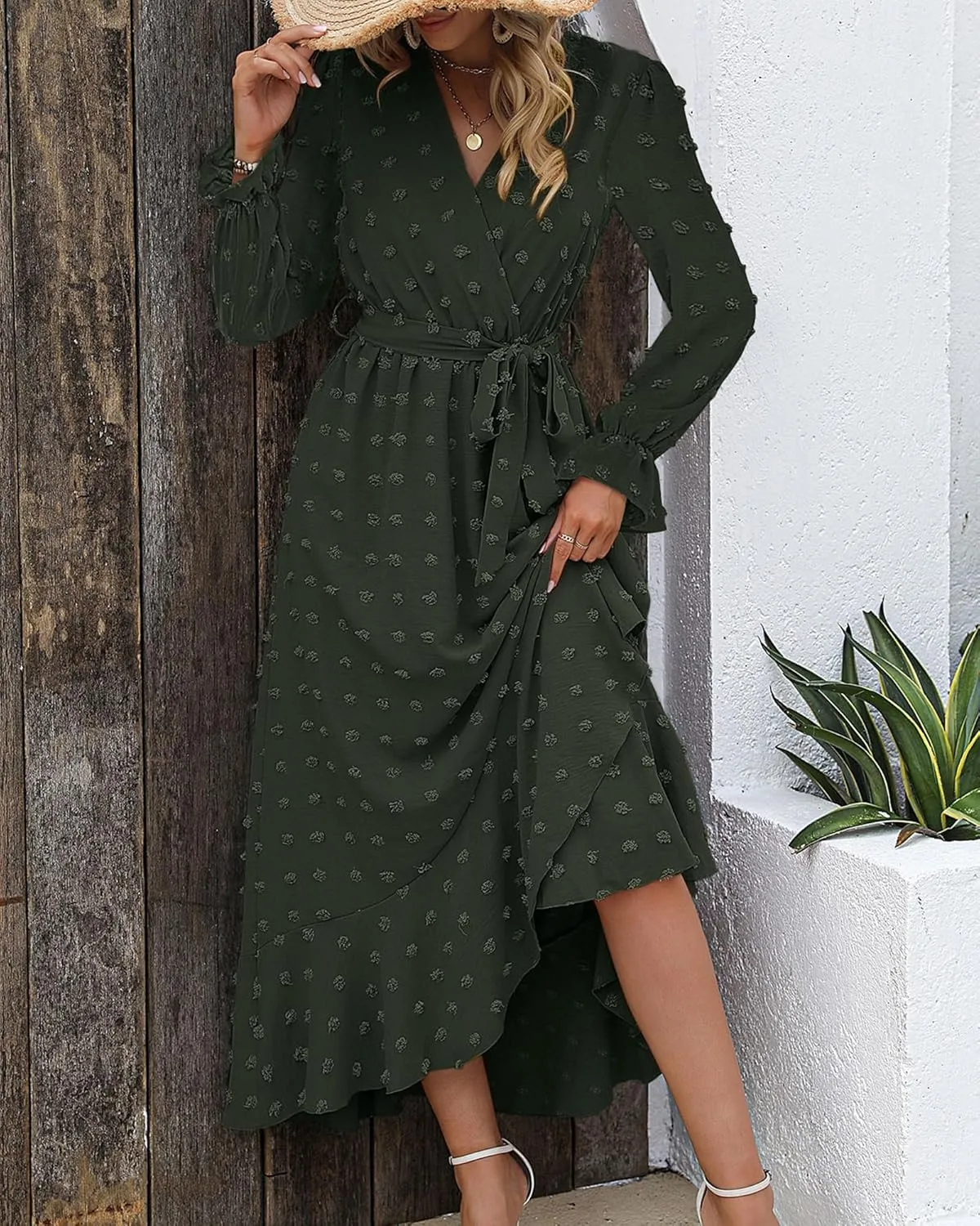 BTFBM Womens Boho Cocktail Maxi Dress Fall Fashion 2025 V Neck Long Sleeve Swiss Dot Flowy Slit Wedding Guest Dresses