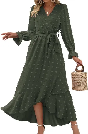 BTFBM Womens Boho Cocktail Maxi Dress Fall Fashion 2025 V Neck Long Sleeve Swiss Dot Flowy Slit Wedding Guest Dresses