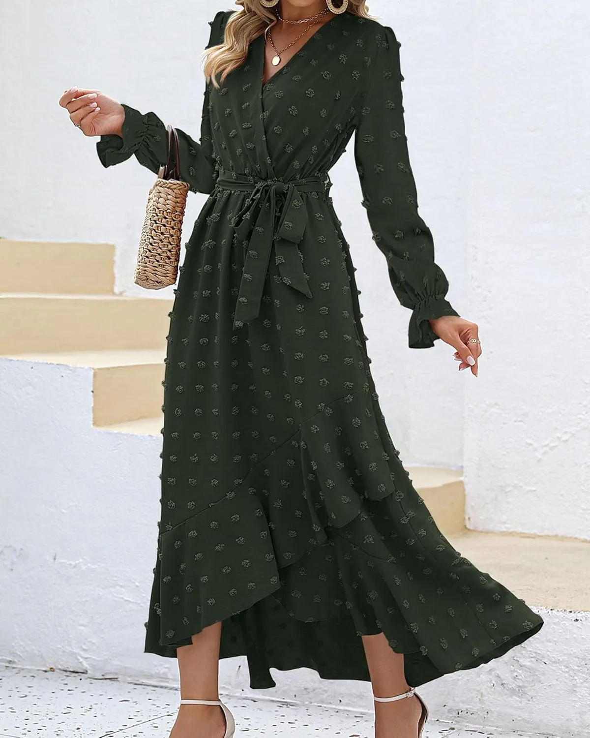 BTFBM Womens Boho Cocktail Maxi Dress Fall Fashion 2025 V Neck Long Sleeve Swiss Dot Flowy Slit Wedding Guest Dresses