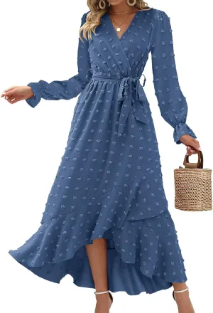BTFBM Womens Boho Cocktail Maxi Dress Fall Fashion 2025 V Neck Long Sleeve Swiss Dot Flowy Slit Wedding Guest Dresses