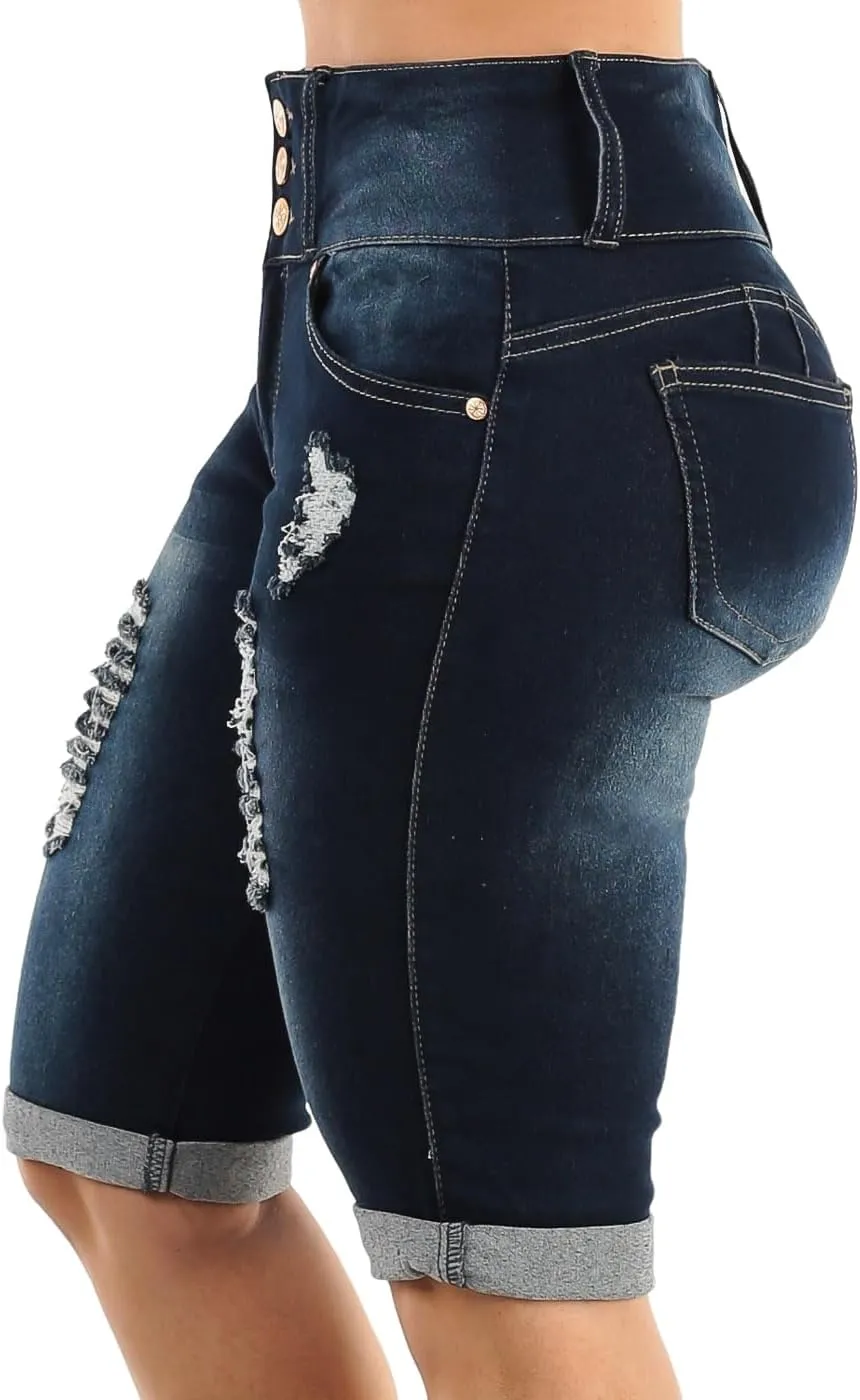 Butt Lifting Bermuda Shorts for Women - Levanta Cola Stretch Denim Biker Shorts