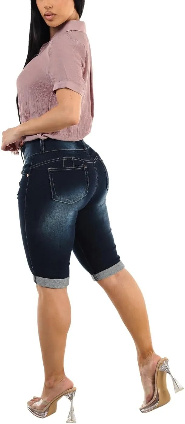 Butt Lifting Bermuda Shorts for Women - Levanta Cola Stretch Denim Biker Shorts