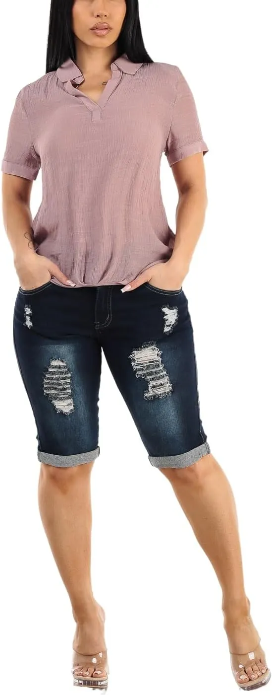 Butt Lifting Bermuda Shorts for Women - Levanta Cola Stretch Denim Biker Shorts