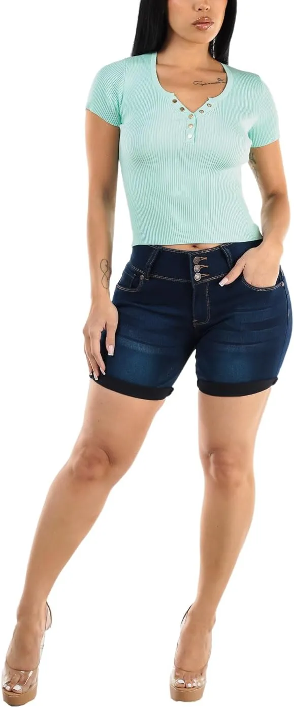 Butt Lifting Bermuda Shorts for Women - Levanta Cola Stretch Denim Biker Shorts