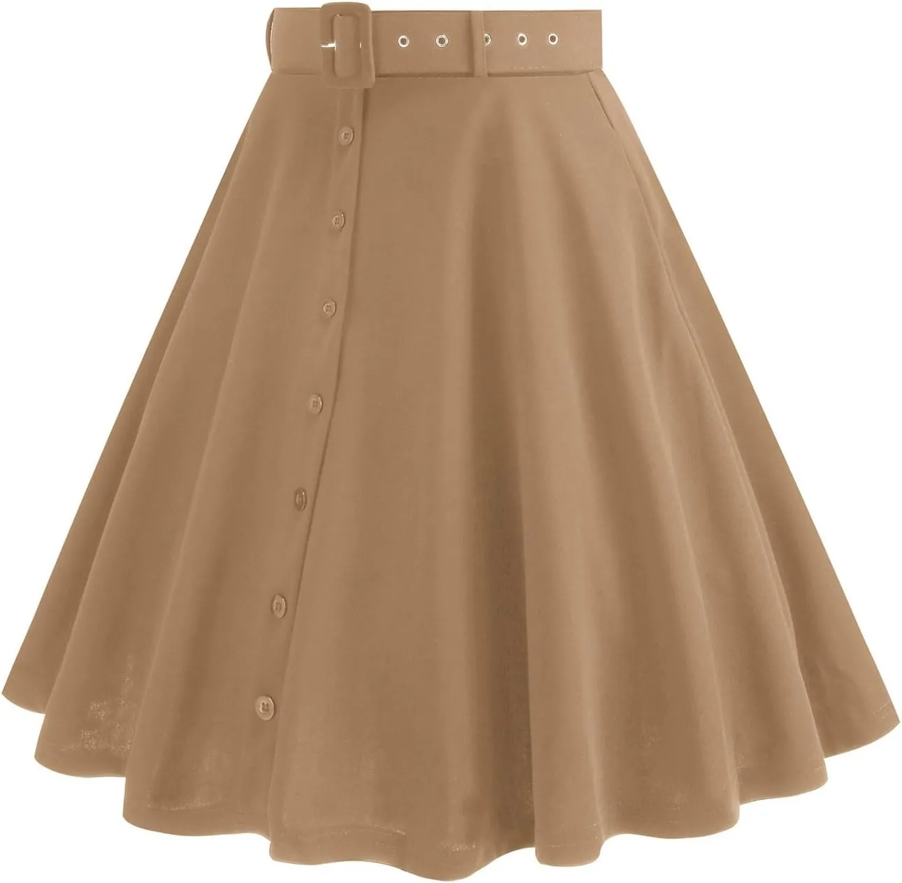 Button Front A Line Skirt for Women High Waist Flared Swing Midi Skirts with Belt Retro Style