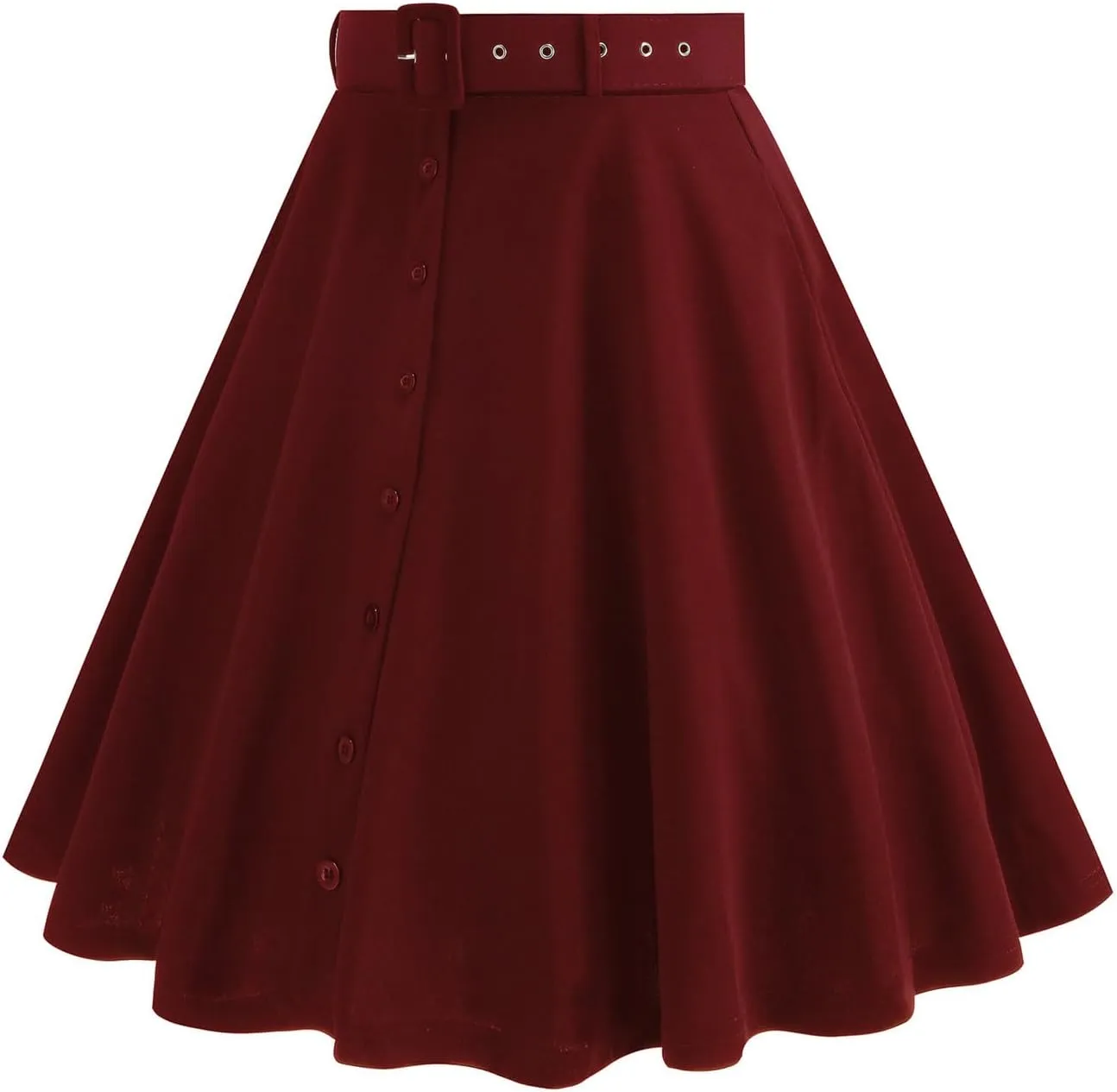 Button Front A Line Skirt for Women High Waist Flared Swing Midi Skirts with Belt Retro Style
