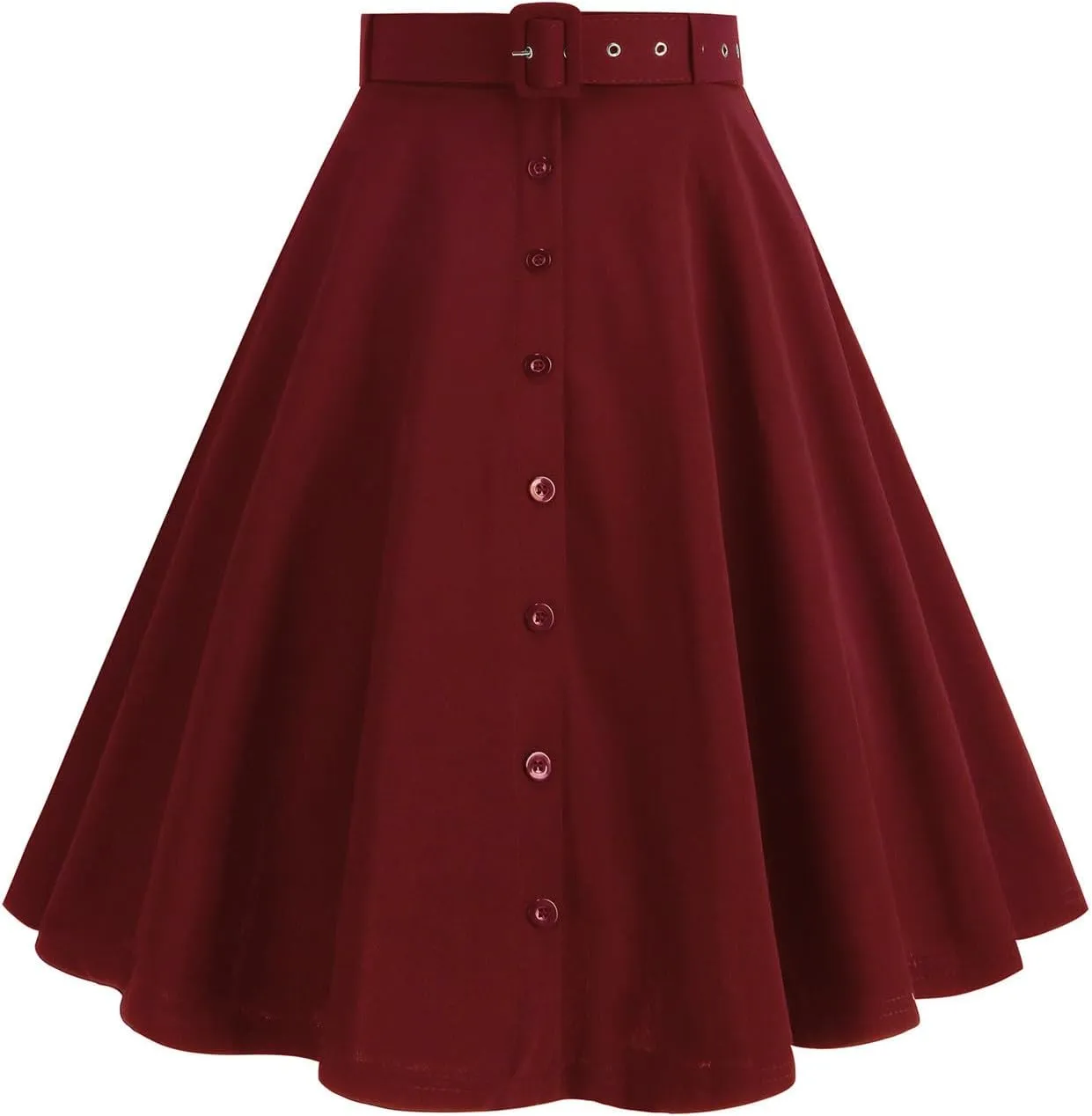Button Front A Line Skirt for Women High Waist Flared Swing Midi Skirts with Belt Retro Style