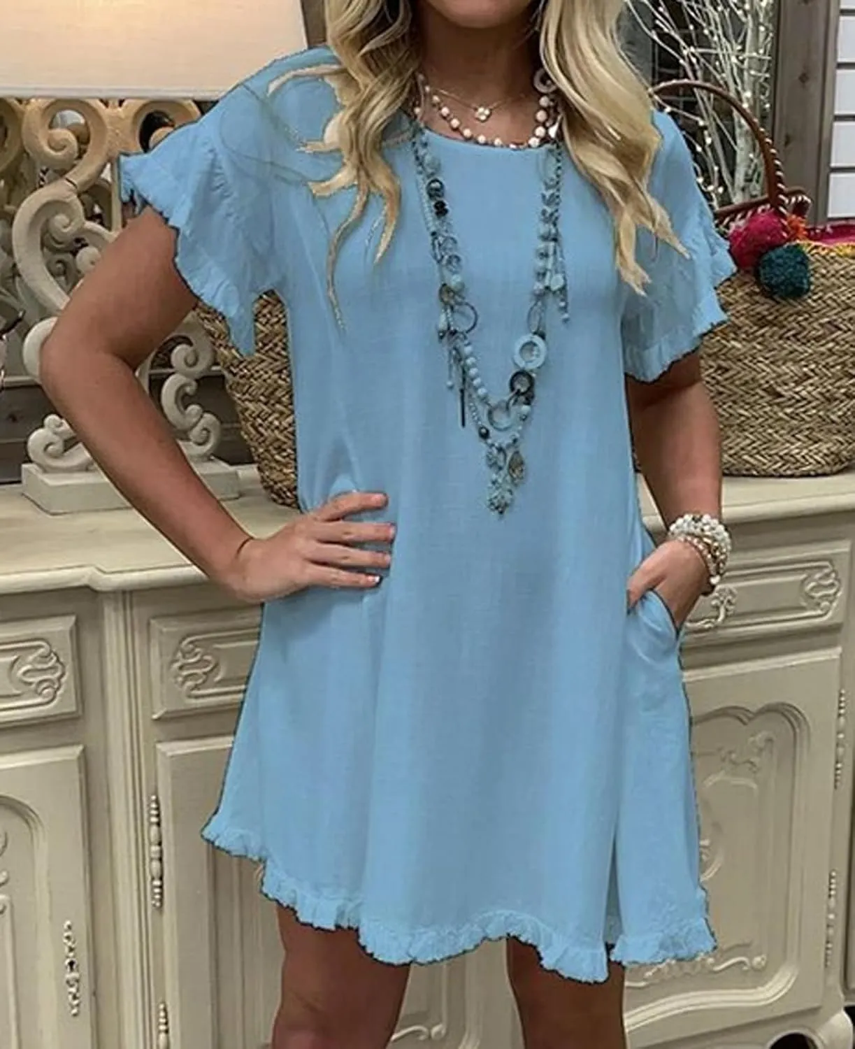CHARTOU Women Loose Linen Mini Dress Summer Modest Frayed T Shirt Dress Flowy Ruffle Short Sleeve Shift Dress Pocket