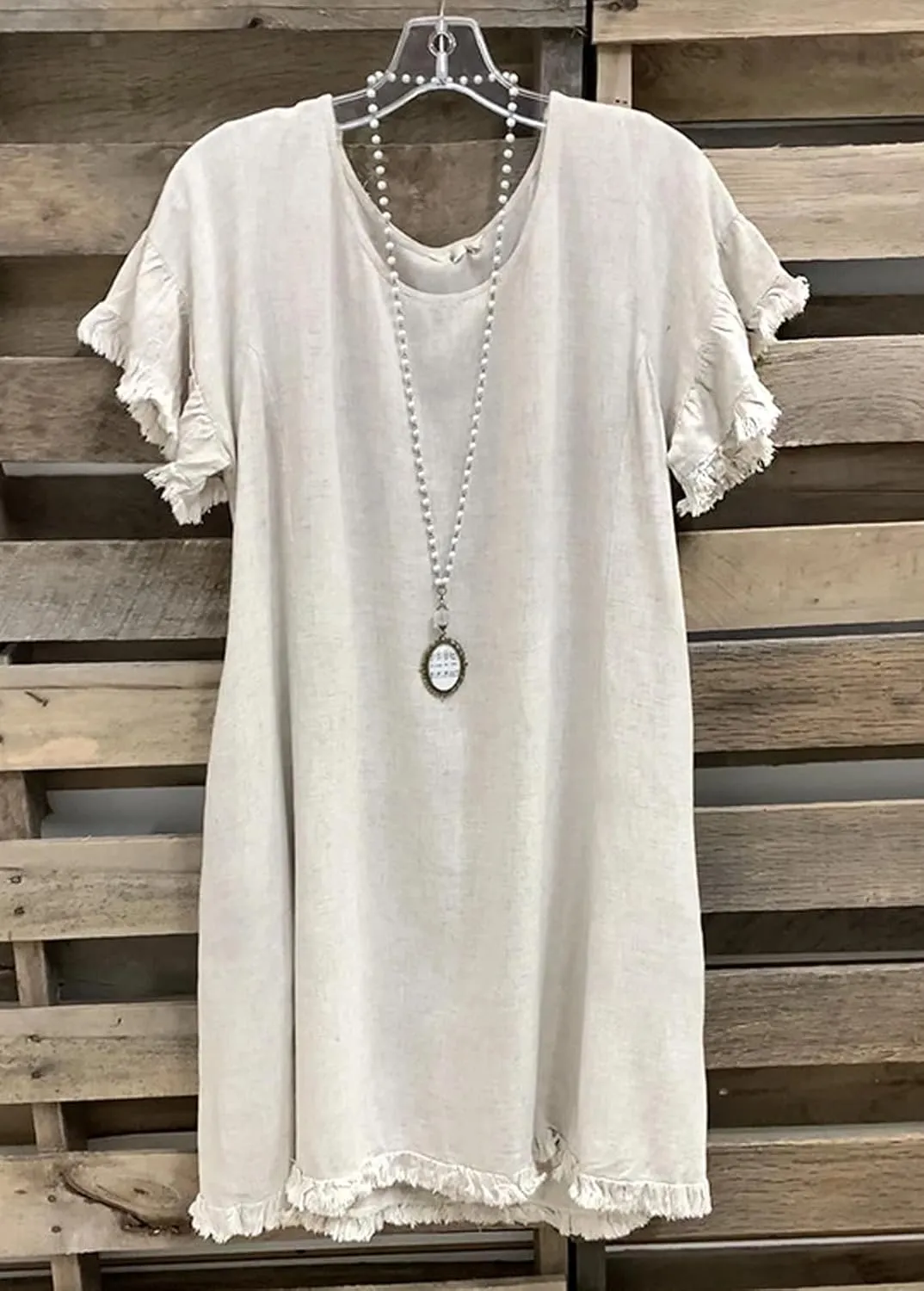 CHARTOU Women Loose Linen Mini Dress Summer Modest Frayed T Shirt Dress Flowy Ruffle Short Sleeve Shift Dress Pocket