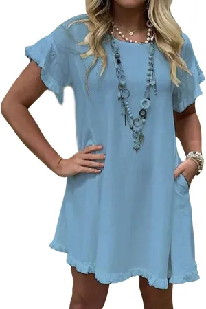 CHARTOU Women Loose Linen Mini Dress Summer Modest Frayed T Shirt Dress Flowy Ruffle Short Sleeve Shift Dress Pocket