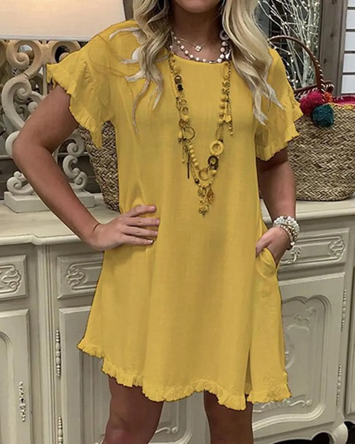 CHARTOU Women Loose Linen Mini Dress Summer Modest Frayed T Shirt Dress Flowy Ruffle Short Sleeve Shift Dress Pocket