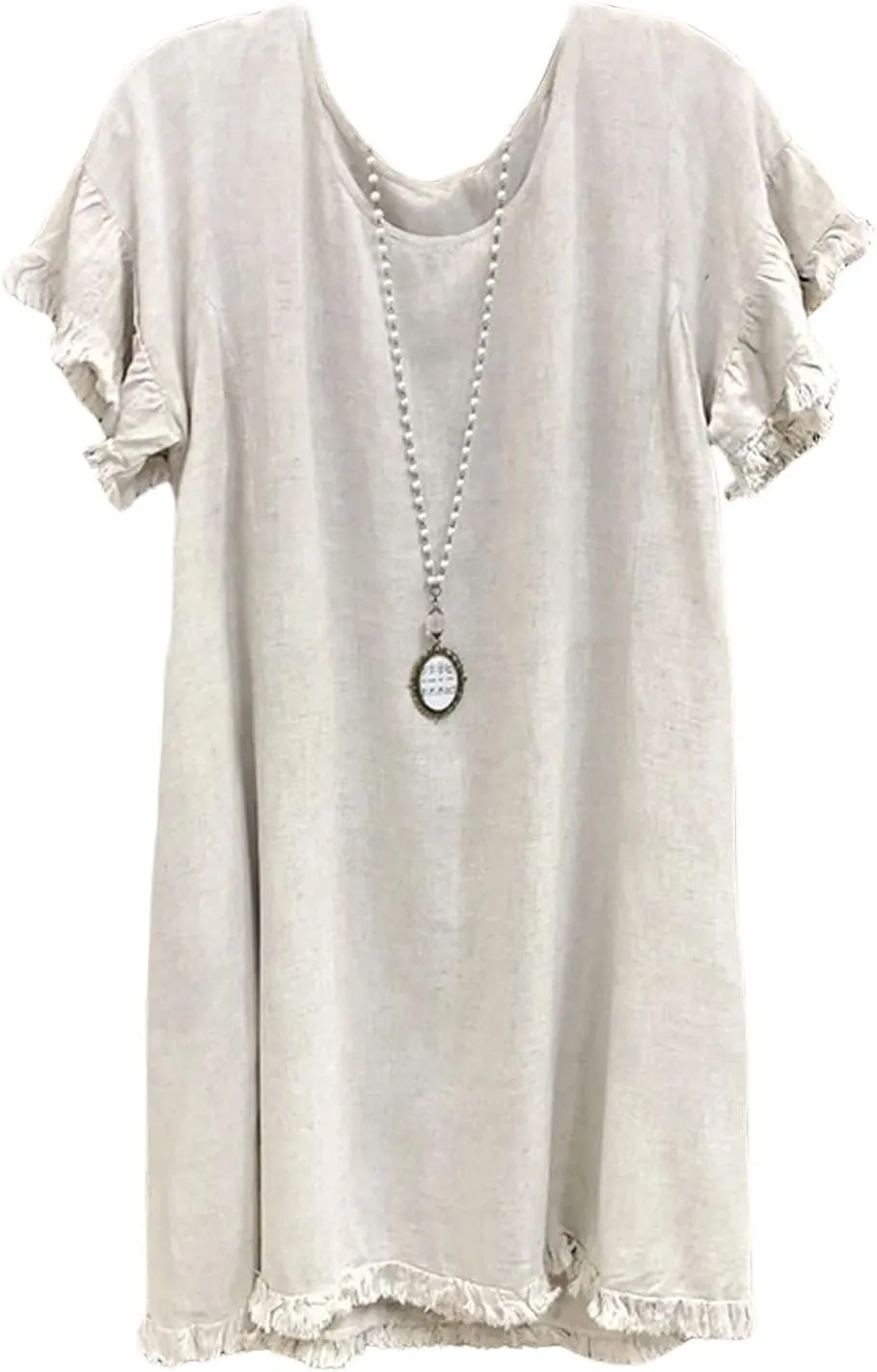 CHARTOU Women Loose Linen Mini Dress Summer Modest Frayed T Shirt Dress Flowy Ruffle Short Sleeve Shift Dress Pocket
