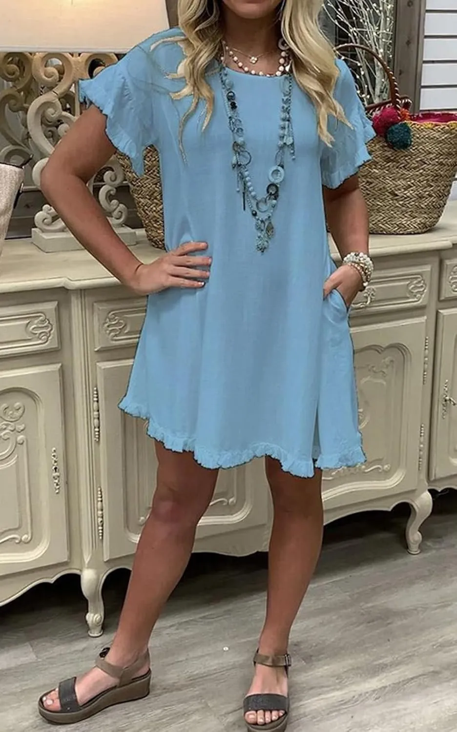 CHARTOU Women Loose Linen Mini Dress Summer Modest Frayed T Shirt Dress Flowy Ruffle Short Sleeve Shift Dress Pocket