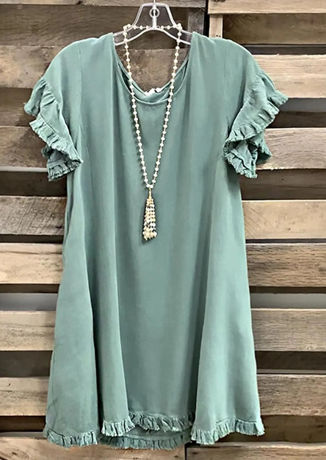 CHARTOU Women Loose Linen Mini Dress Summer Modest Frayed T Shirt Dress Flowy Ruffle Short Sleeve Shift Dress Pocket