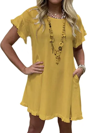 CHARTOU Women Loose Linen Mini Dress Summer Modest Frayed T Shirt Dress Flowy Ruffle Short Sleeve Shift Dress Pocket