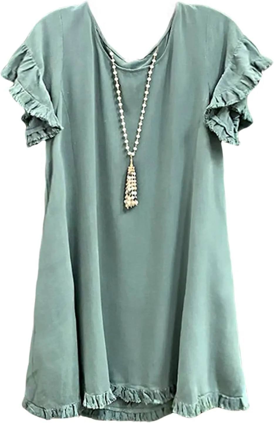 CHARTOU Women Loose Linen Mini Dress Summer Modest Frayed T Shirt Dress Flowy Ruffle Short Sleeve Shift Dress Pocket