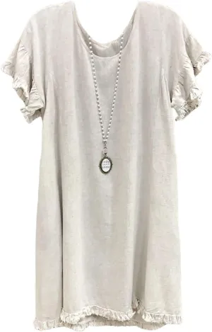CHARTOU Women Loose Linen Mini Dress Summer Modest Frayed T Shirt Dress Flowy Ruffle Short Sleeve Shift Dress Pocket