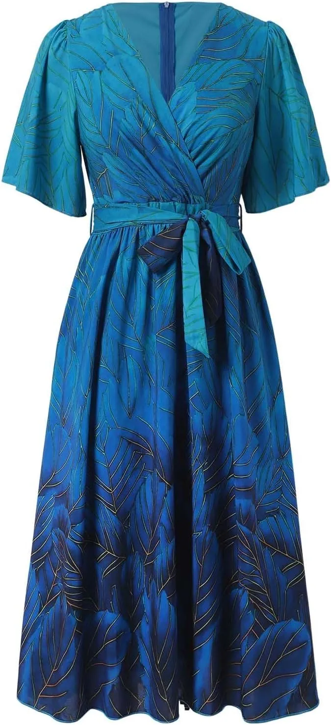 Chiffon Dresses for Women,Summer Coctail Boho Floral Printed Dresses Wrap Flowy Wedding Prom Guest Midi V Neck Dress