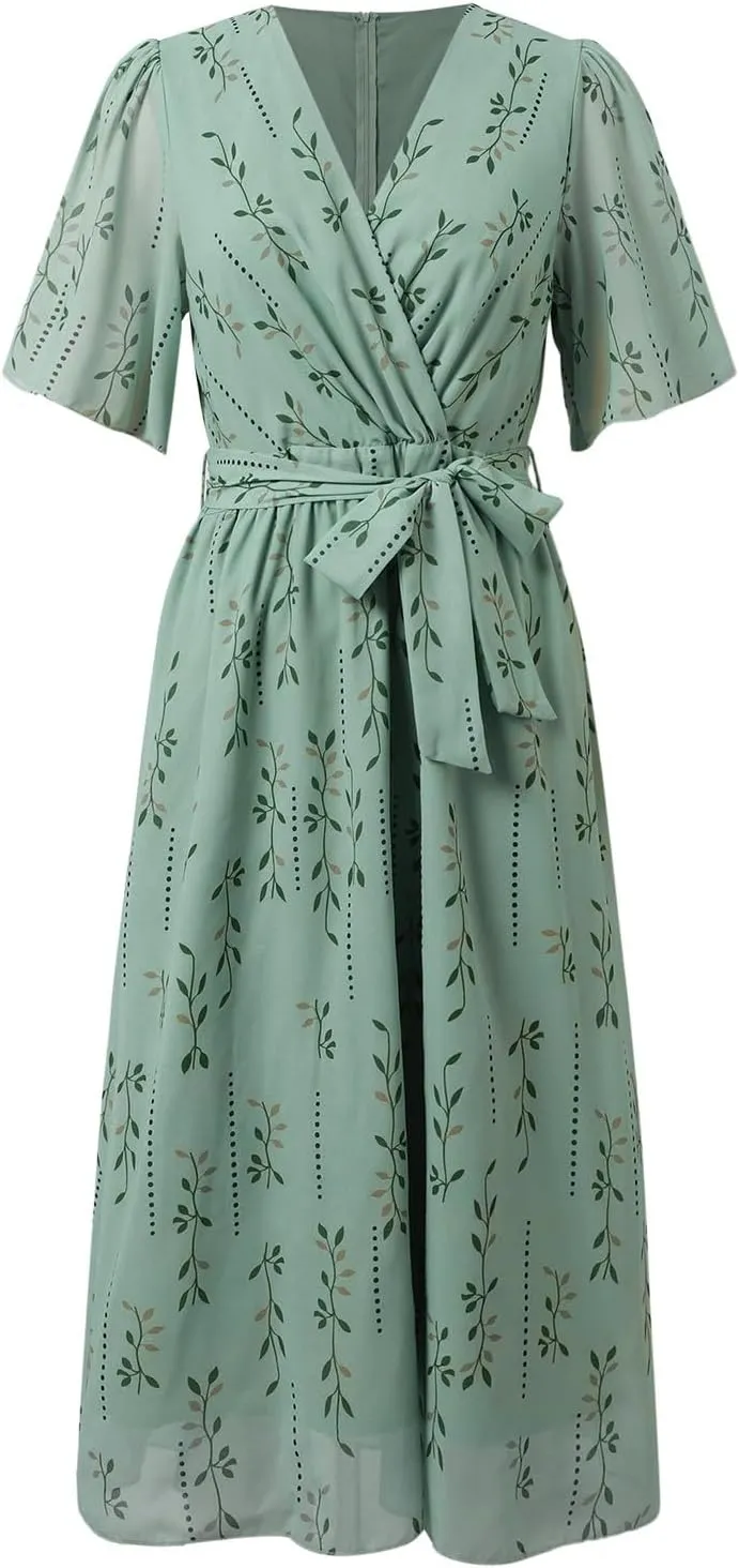Chiffon Dresses for Women,Summer Coctail Boho Floral Printed Dresses Wrap Flowy Wedding Prom Guest Midi V Neck Dress
