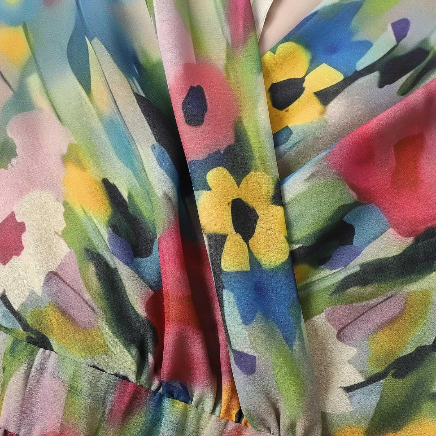 Chiffon Dresses for Women,Summer Coctail Boho Floral Printed Dresses Wrap Flowy Wedding Prom Guest Midi V Neck Dress