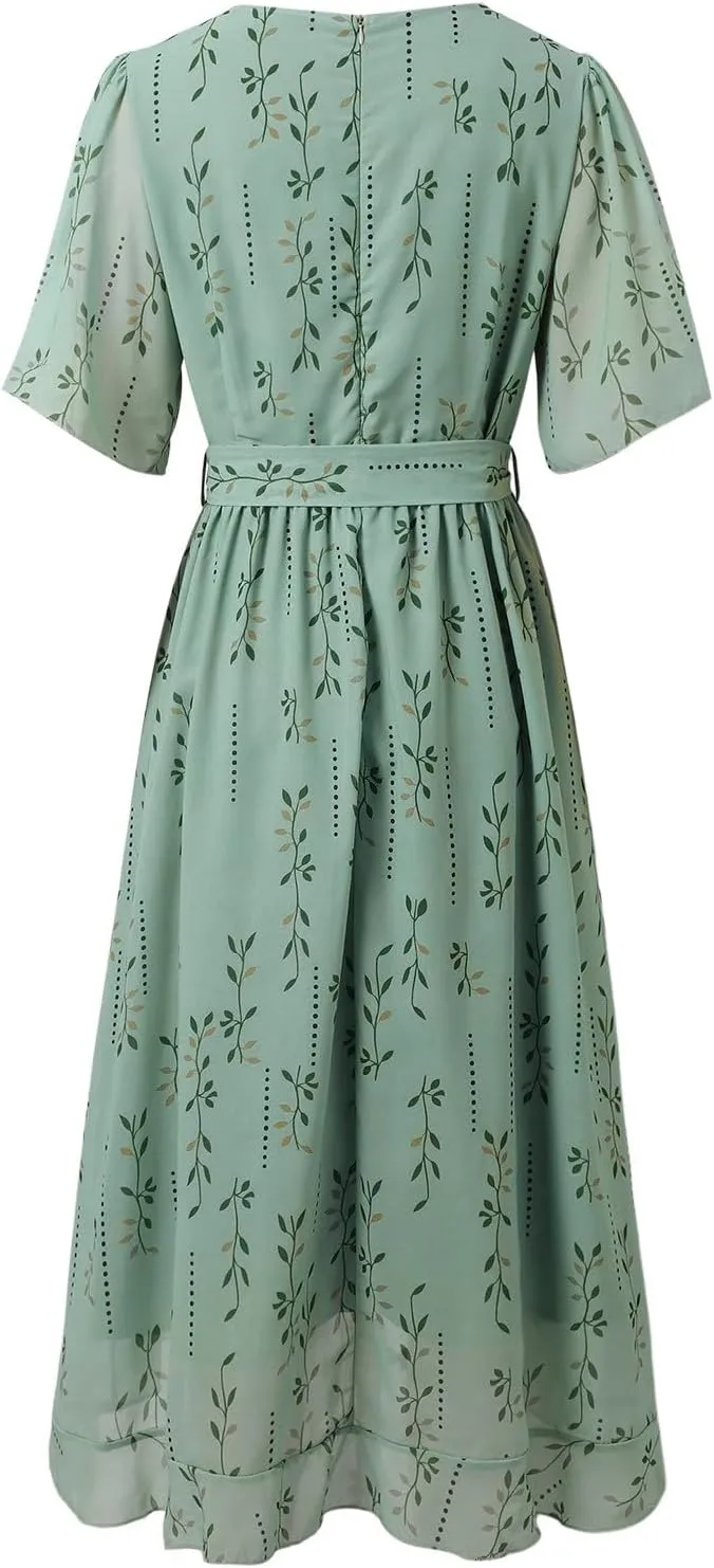 Chiffon Dresses for Women,Summer Coctail Boho Floral Printed Dresses Wrap Flowy Wedding Prom Guest Midi V Neck Dress