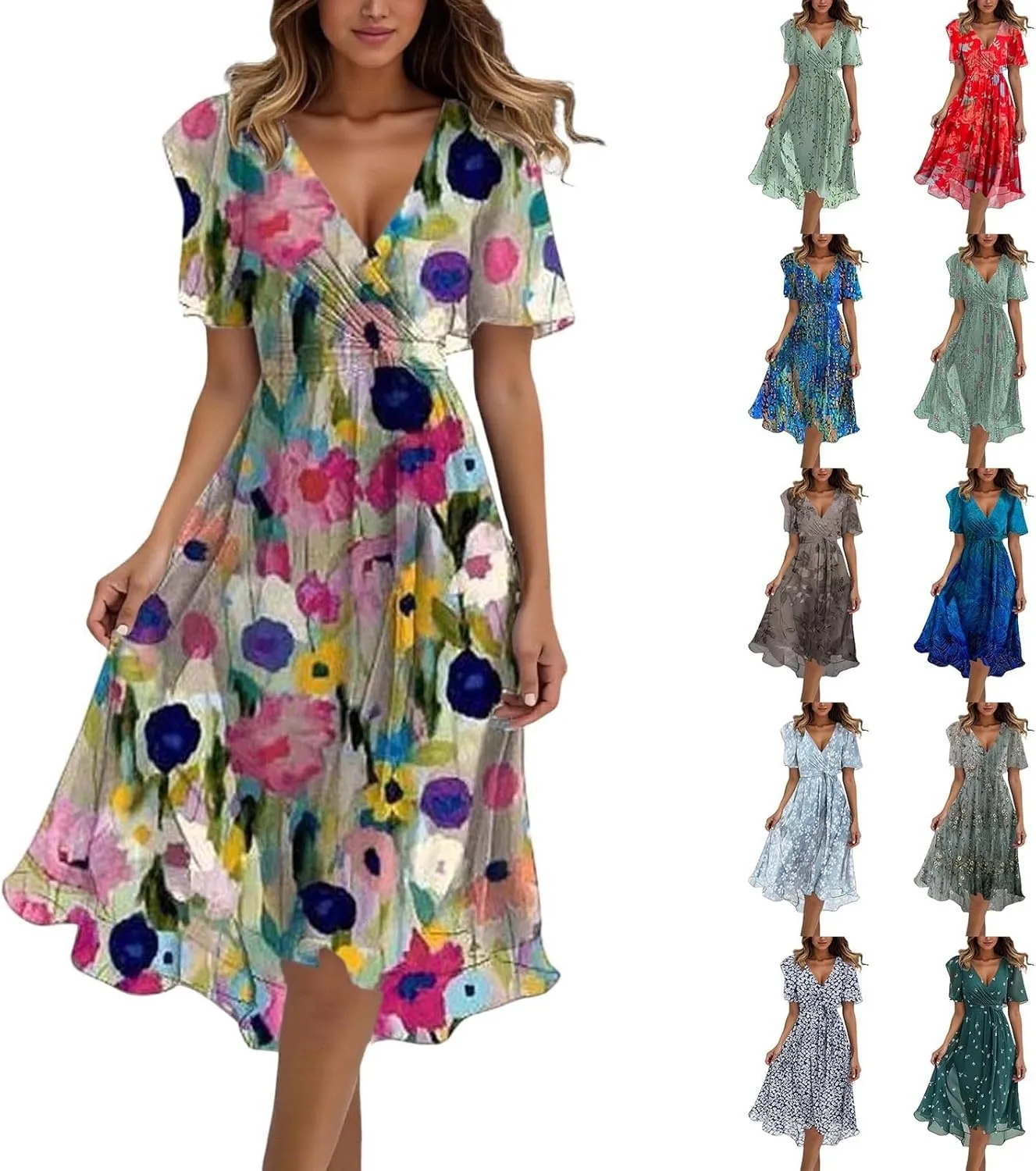 Chiffon Dresses for Women,Summer Coctail Boho Floral Printed Dresses Wrap Flowy Wedding Prom Guest Midi V Neck Dress