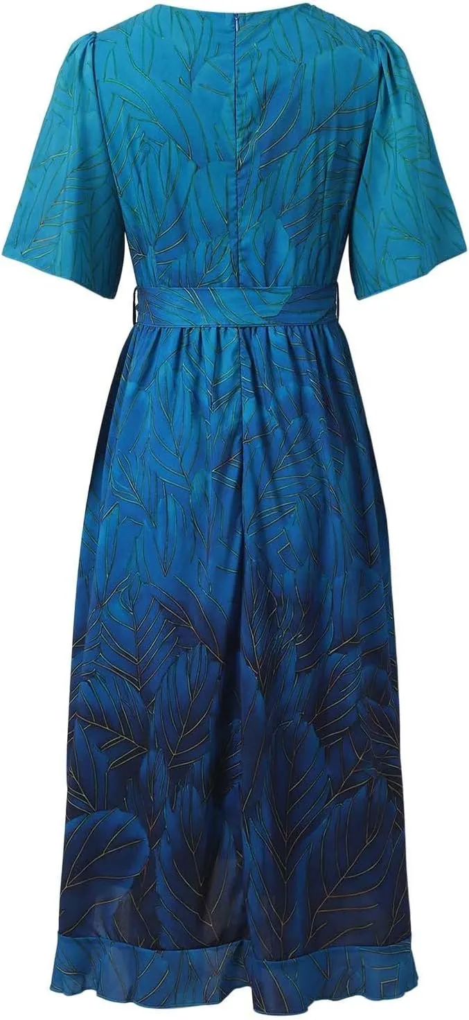 Chiffon Dresses for Women,Summer Coctail Boho Floral Printed Dresses Wrap Flowy Wedding Prom Guest Midi V Neck Dress
