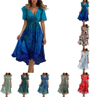 Chiffon Dresses for Women,Summer Coctail Boho Floral Printed Dresses Wrap Flowy Wedding Prom Guest Midi V Neck Dress