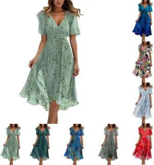 Chiffon Dresses for Women,Summer Coctail Boho Floral Printed Dresses Wrap Flowy Wedding Prom Guest Midi V Neck Dress