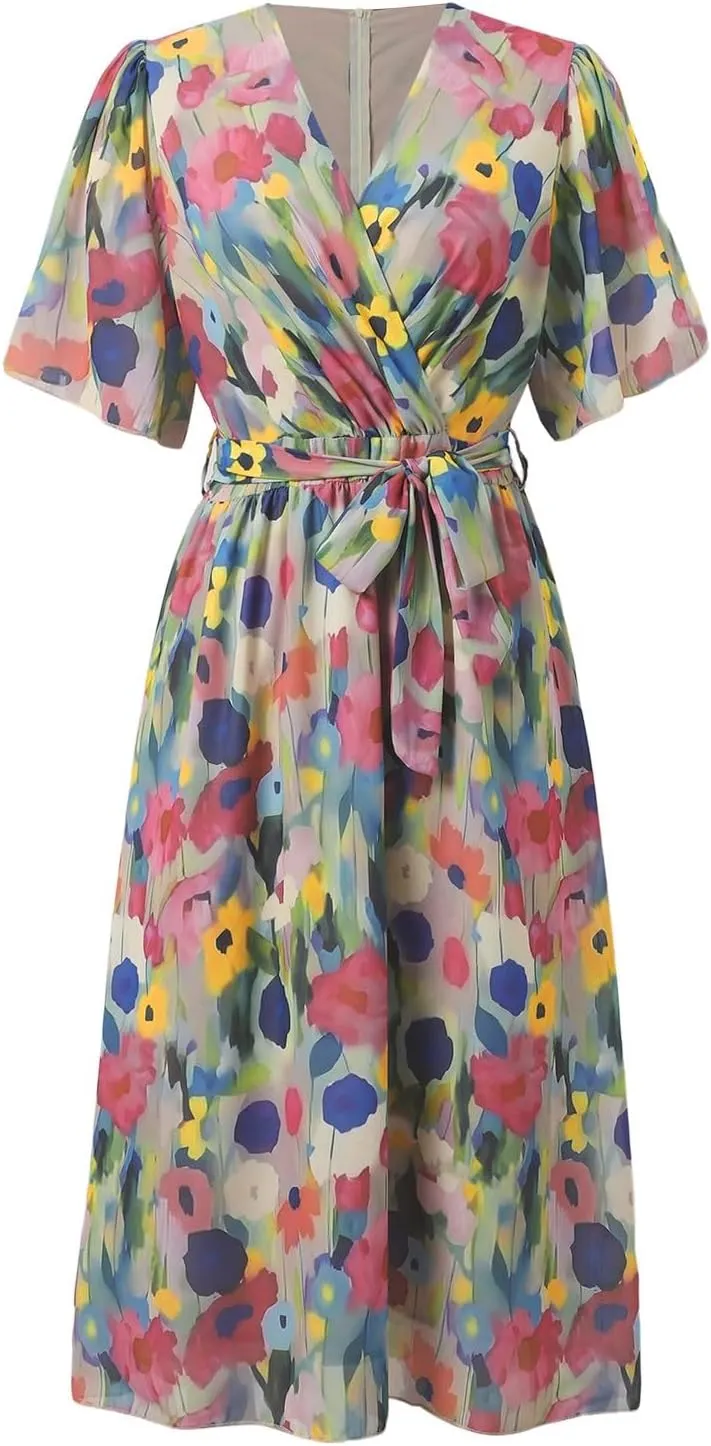 Chiffon Dresses for Women,Summer Coctail Boho Floral Printed Dresses Wrap Flowy Wedding Prom Guest Midi V Neck Dress