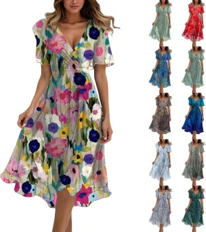 Chiffon Dresses for Women,Summer Coctail Boho Floral Printed Dresses Wrap Flowy Wedding Prom Guest Midi V Neck Dress