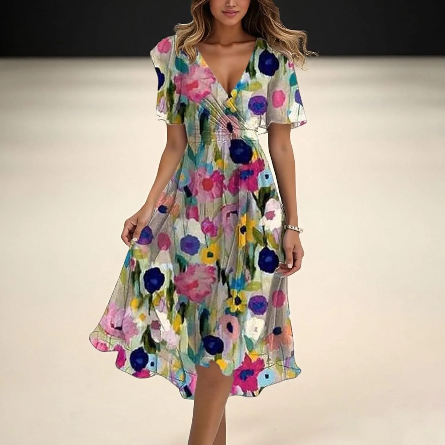 Chiffon Dresses for Women,Summer Coctail Boho Floral Printed Dresses Wrap Flowy Wedding Prom Guest Midi V Neck Dress