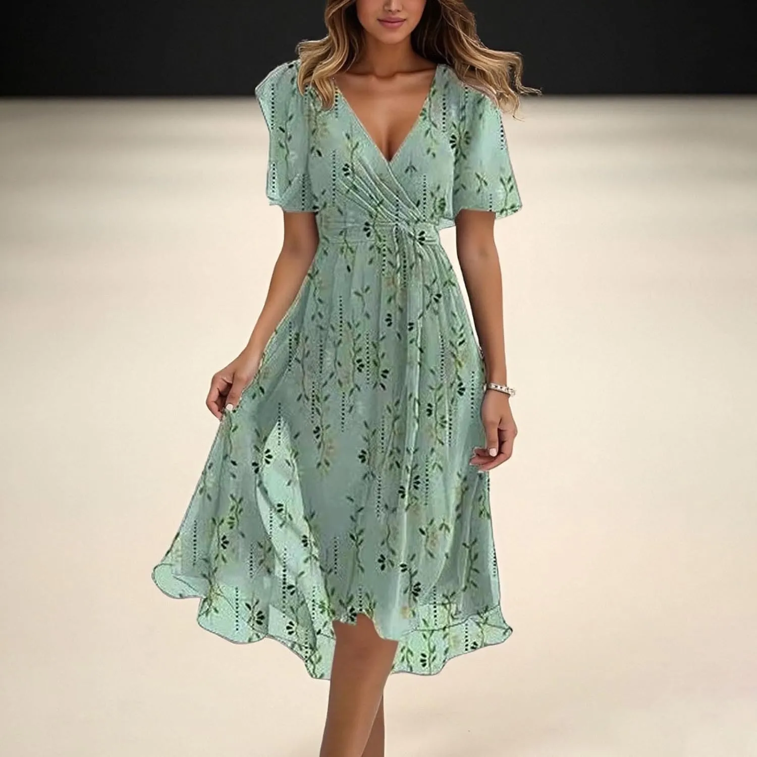 Chiffon Dresses for Women,Summer Coctail Boho Floral Printed Dresses Wrap Flowy Wedding Prom Guest Midi V Neck Dress