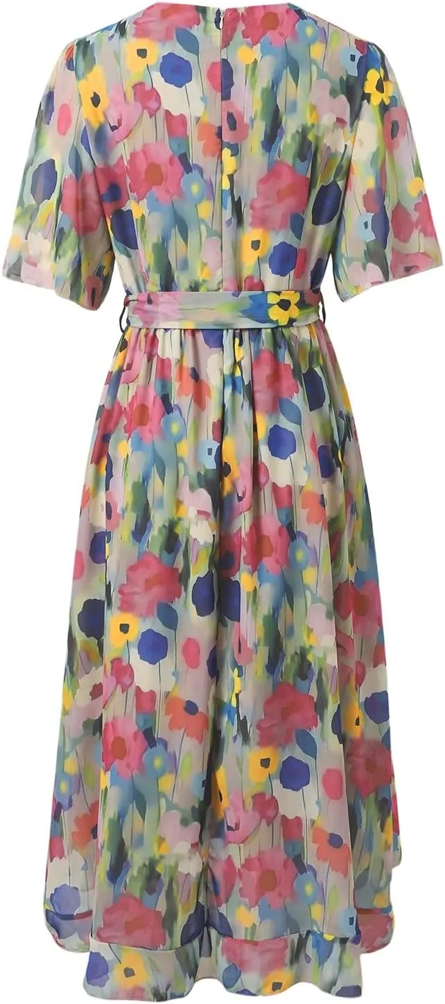 Chiffon Dresses for Women,Summer Coctail Boho Floral Printed Dresses Wrap Flowy Wedding Prom Guest Midi V Neck Dress