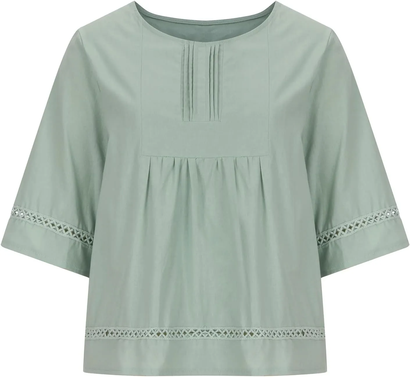 Cotton Linen Blouse for Women Summer Boho Loose 3/4 Sleeve Lace Patchwork Pullover Tunic Tops Hollow Out Leisure T-Shirt