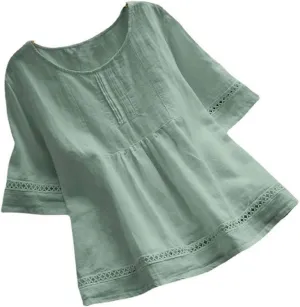 Cotton Linen Blouse for Women Summer Boho Loose 3/4 Sleeve Lace Patchwork Pullover Tunic Tops Hollow Out Leisure T-Shirt