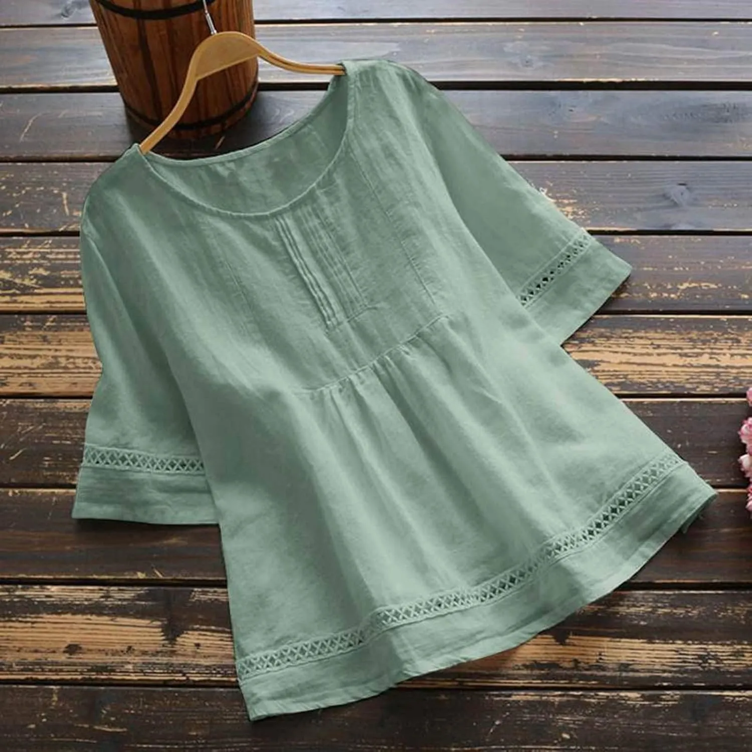Cotton Linen Blouse for Women Summer Boho Loose 3/4 Sleeve Lace Patchwork Pullover Tunic Tops Hollow Out Leisure T-Shirt