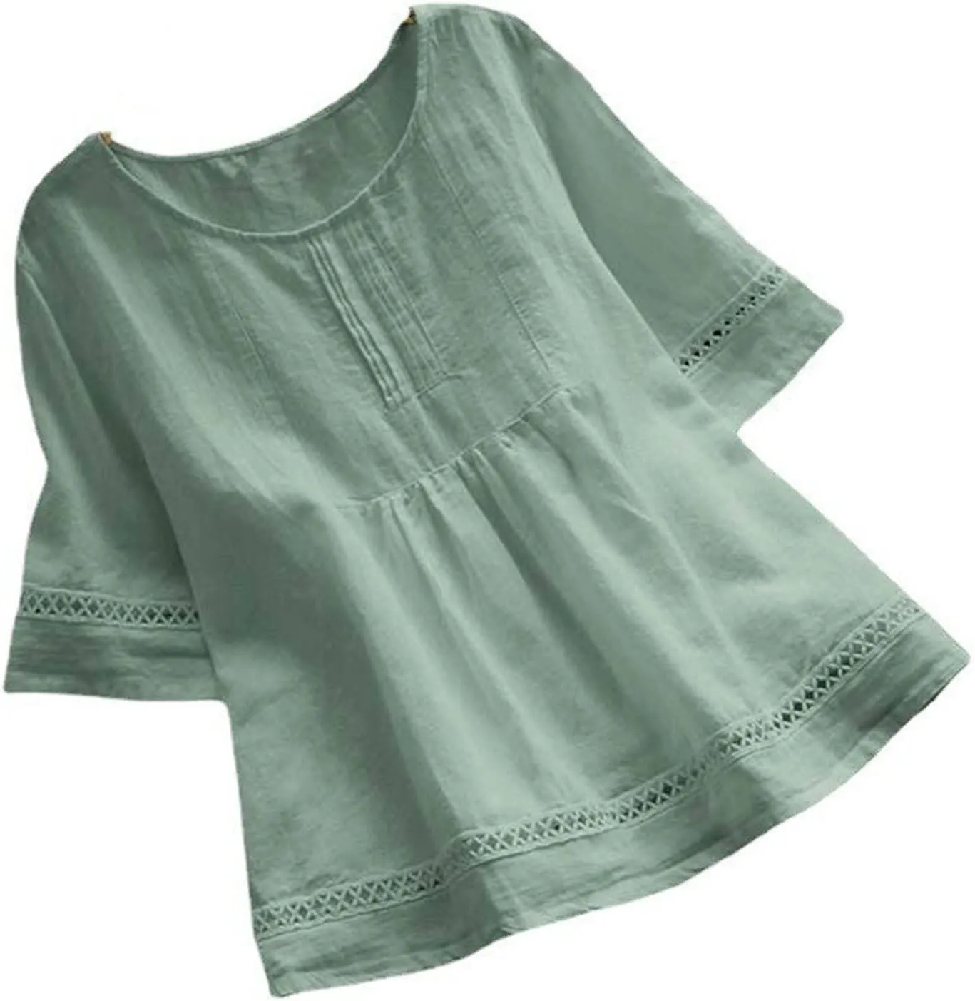 Cotton Linen Blouse for Women Summer Boho Loose 3/4 Sleeve Lace Patchwork Pullover Tunic Tops Hollow Out Leisure T-Shirt