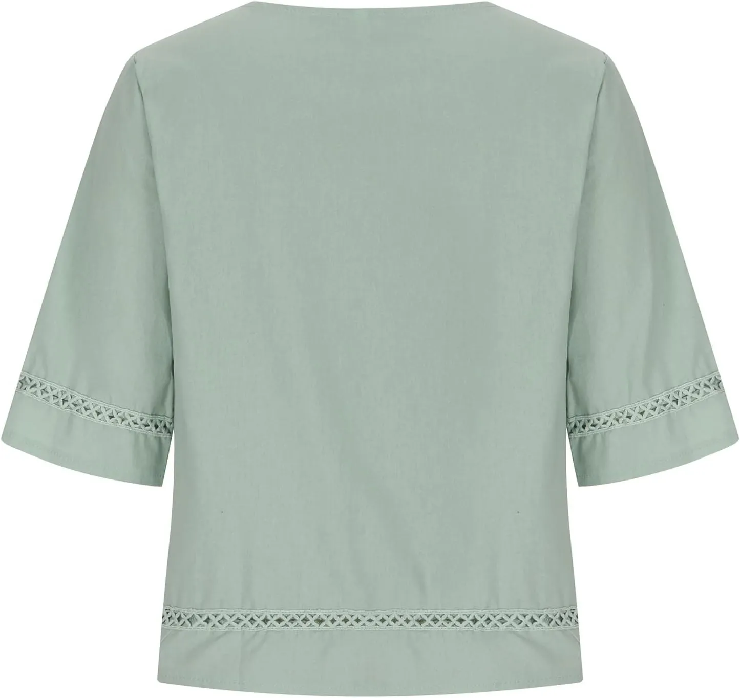 Cotton Linen Blouse for Women Summer Boho Loose 3/4 Sleeve Lace Patchwork Pullover Tunic Tops Hollow Out Leisure T-Shirt