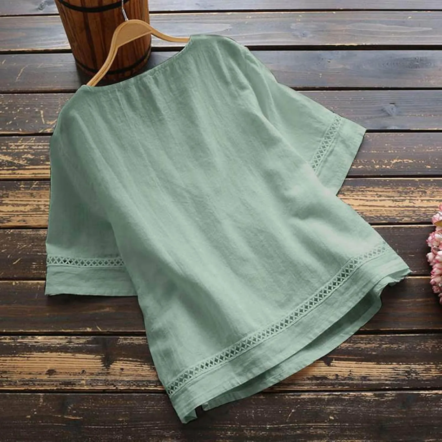 Cotton Linen Blouse for Women Summer Boho Loose 3/4 Sleeve Lace Patchwork Pullover Tunic Tops Hollow Out Leisure T-Shirt