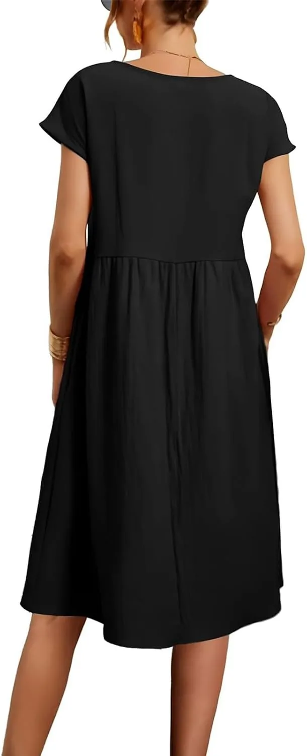 Cotton Linen Dress Womens Casual Summer Cap Sleeve Midi Dress A Line Flowy Knee Length T Shirt Dress with Pockets