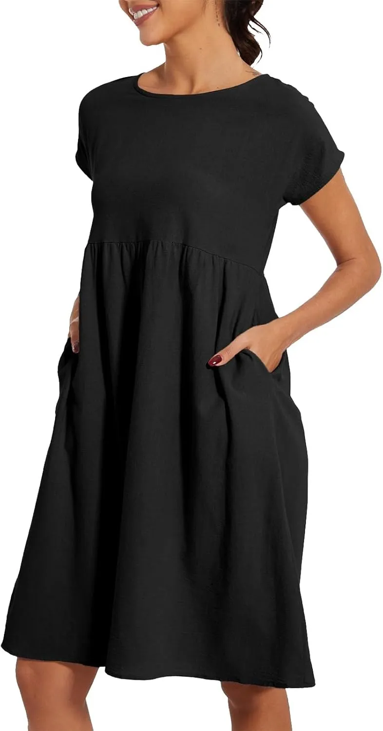 Cotton Linen Dress Womens Casual Summer Cap Sleeve Midi Dress A Line Flowy Knee Length T Shirt Dress with Pockets