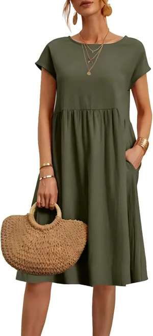 Cotton Linen Dress Womens Casual Summer Cap Sleeve Midi Dress A Line Flowy Knee Length T Shirt Dress with Pockets