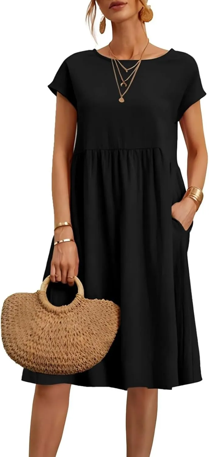 Cotton Linen Dress Womens Casual Summer Cap Sleeve Midi Dress A Line Flowy Knee Length T Shirt Dress with Pockets