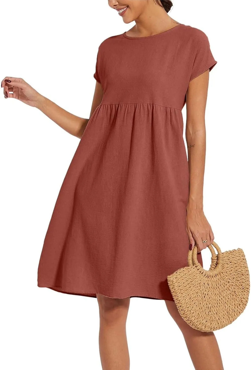 Cotton Linen Dress Womens Casual Summer Cap Sleeve Midi Dress A Line Flowy Knee Length T Shirt Dress with Pockets